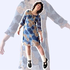 Y2K Floral Blue and Beige Mini Dress